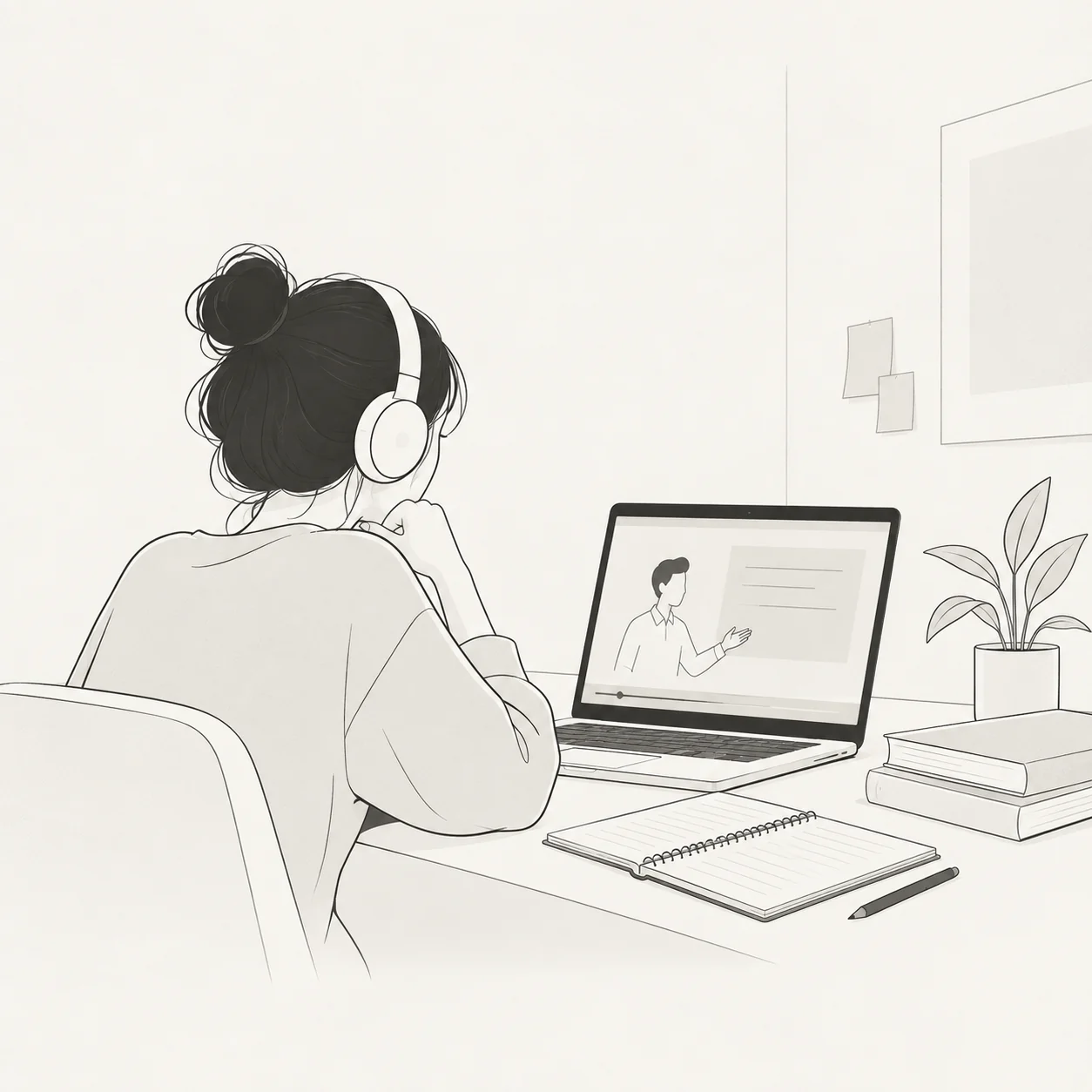 Line drawing of a student with headphones watching a lecture on a laptop