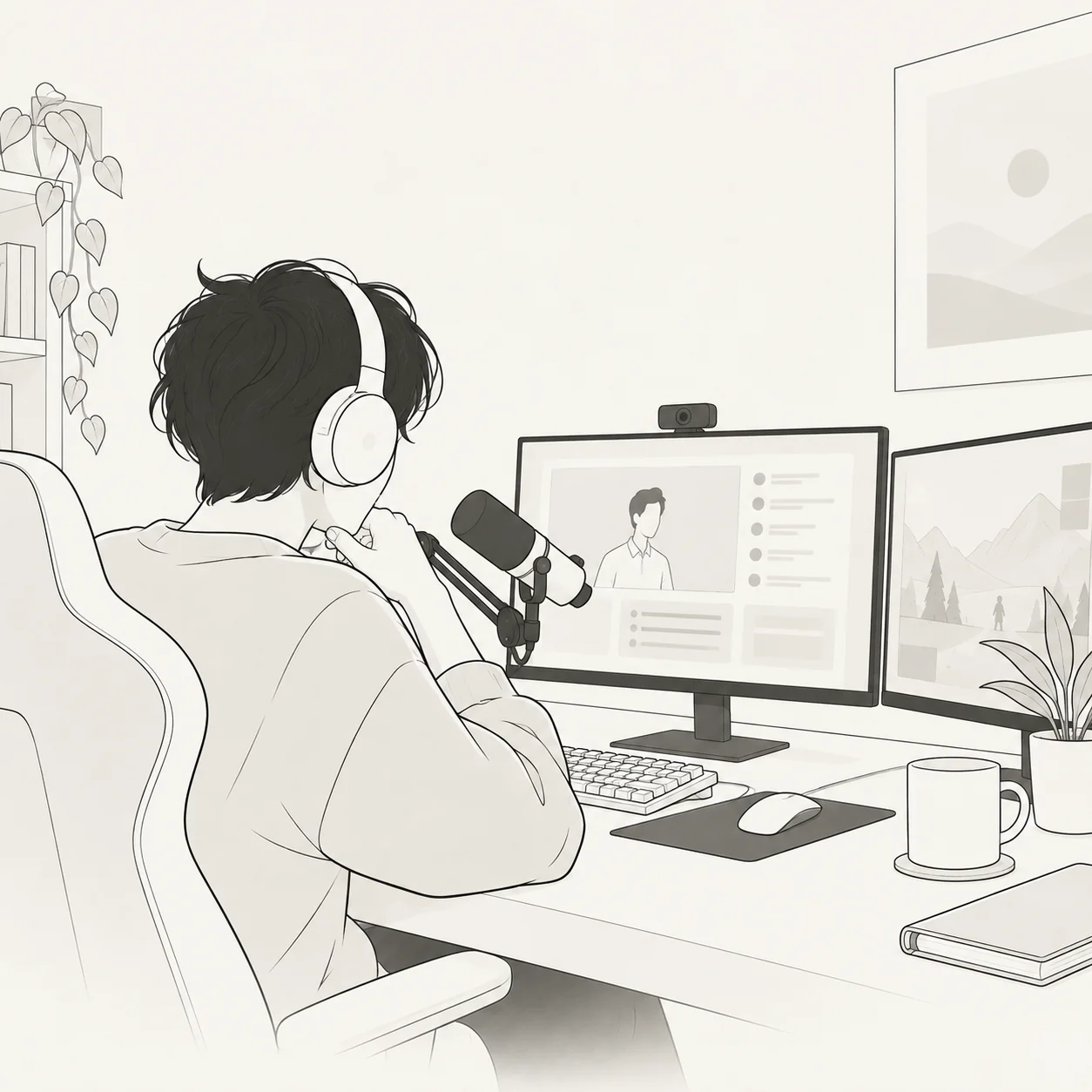 Line drawing of a streamer with headphones and a microphone at a two-monitor desk
