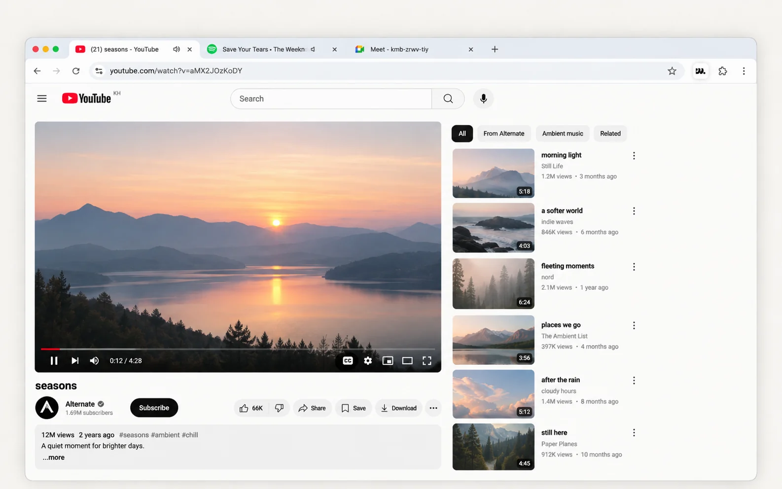 A Chrome window with YouTube playing and Spotify and Google Meet open in other tabs