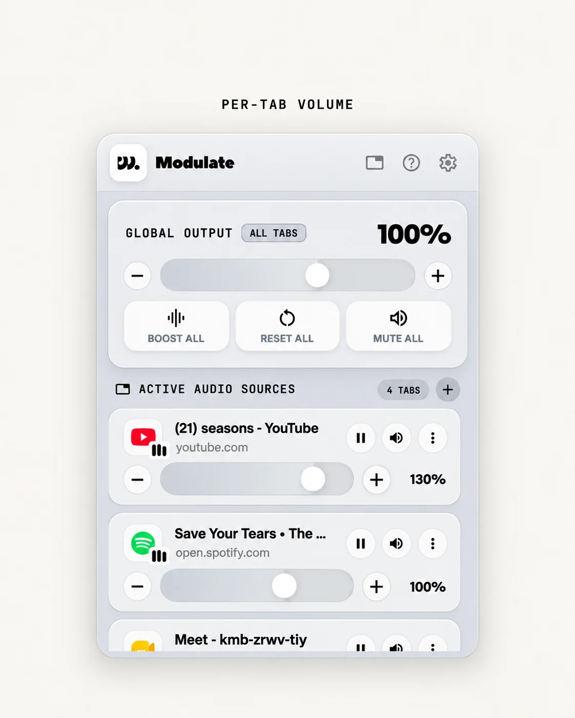 Modulate popup with a separate volume slider for each tab, YouTube set to 130%