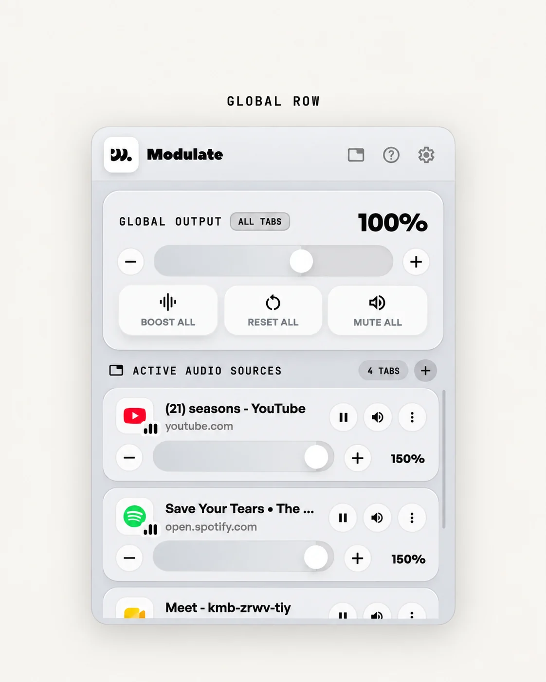 Modulate popup global output slider with Boost All, Reset All and Mute All buttons, with every tab at 150%
