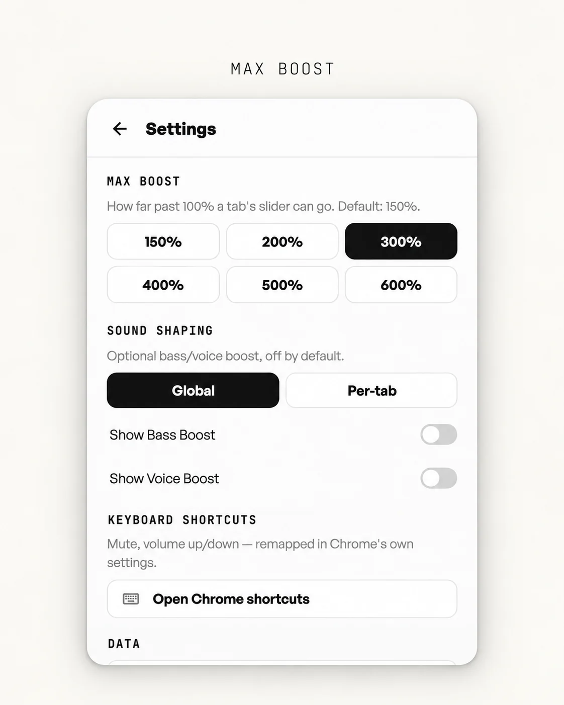 Modulate settings showing Max boost presets from 150% to 600%, with 300% selected