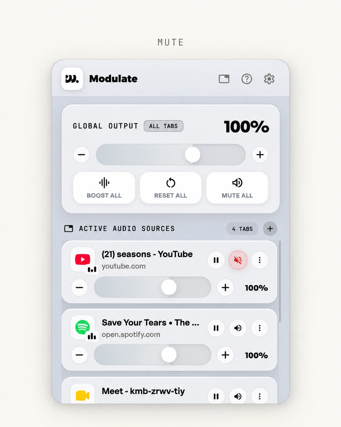 A muted YouTube tab shown in red in the Modulate popup